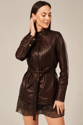 Ariselle - Women's Shirt Style Long Dark Brown Leather Jacket