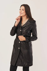 Auriella - Women’s Black Sheepskin Leather Coat with Adjustable Waist Belt