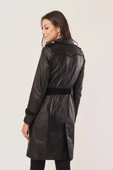 Auriella - Women’s Black Sheepskin Leather Coat with Adjustable Waist Belt