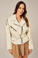 Aveline - Women's Beige Leather Biker Jacket