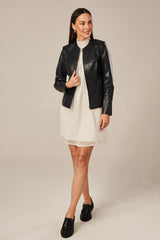 Avelisse - Women's Sheepskin Collarless Black Leather Jacket