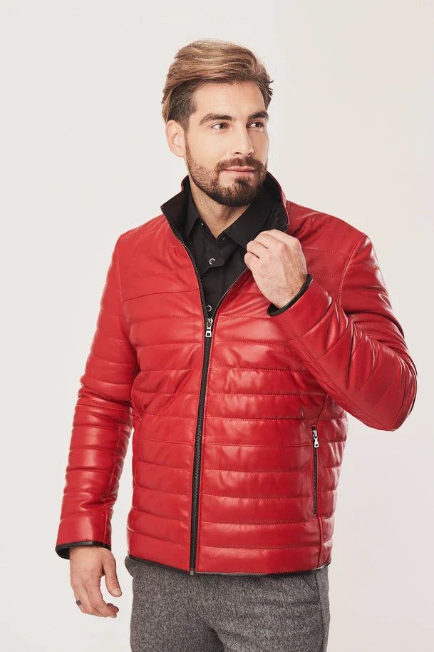 Blaine - Men's Red Leather Puffer Jacket