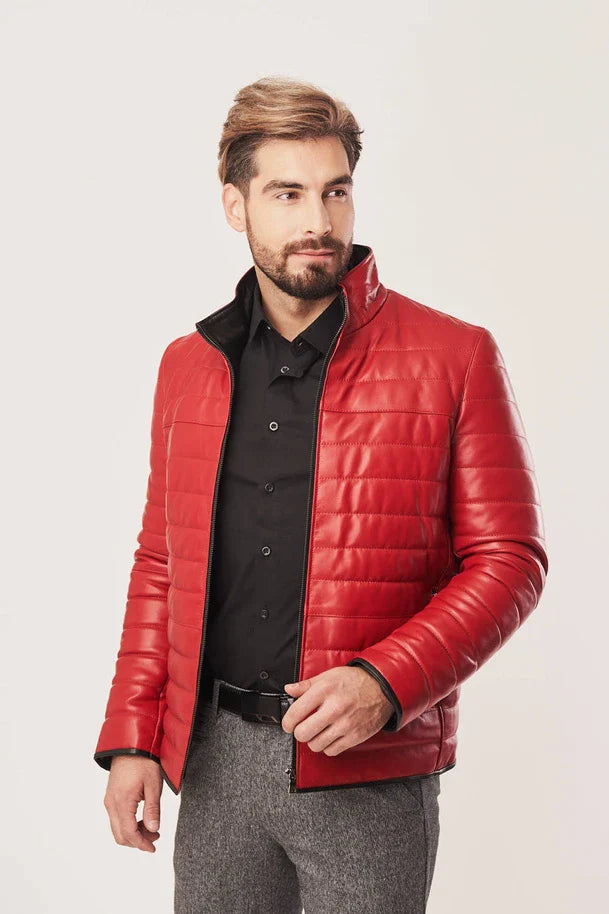 Blaine - Men's Red Leather Puffer Jacket