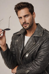 Brax - Men's Gray Leather Biker Jacket