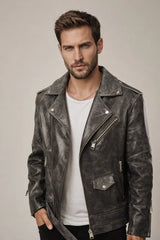 Brax - Men's Gray Leather Biker Jacket