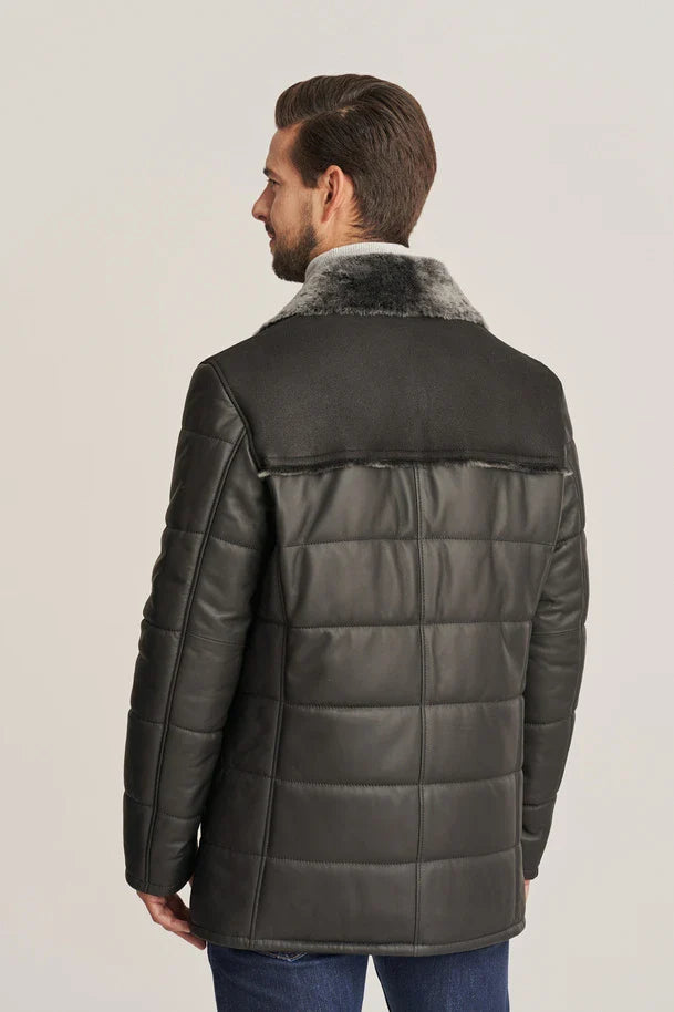 Caldrin - Men's Black Shearling Puffer Leather Jacket