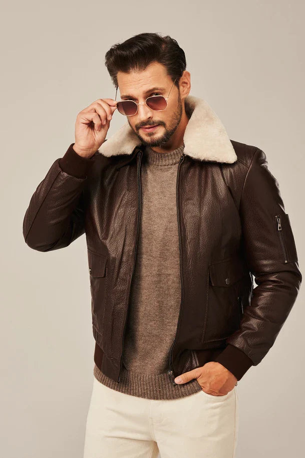 Cayden - Men's Brown Bomber Style Flight Leather Jacket