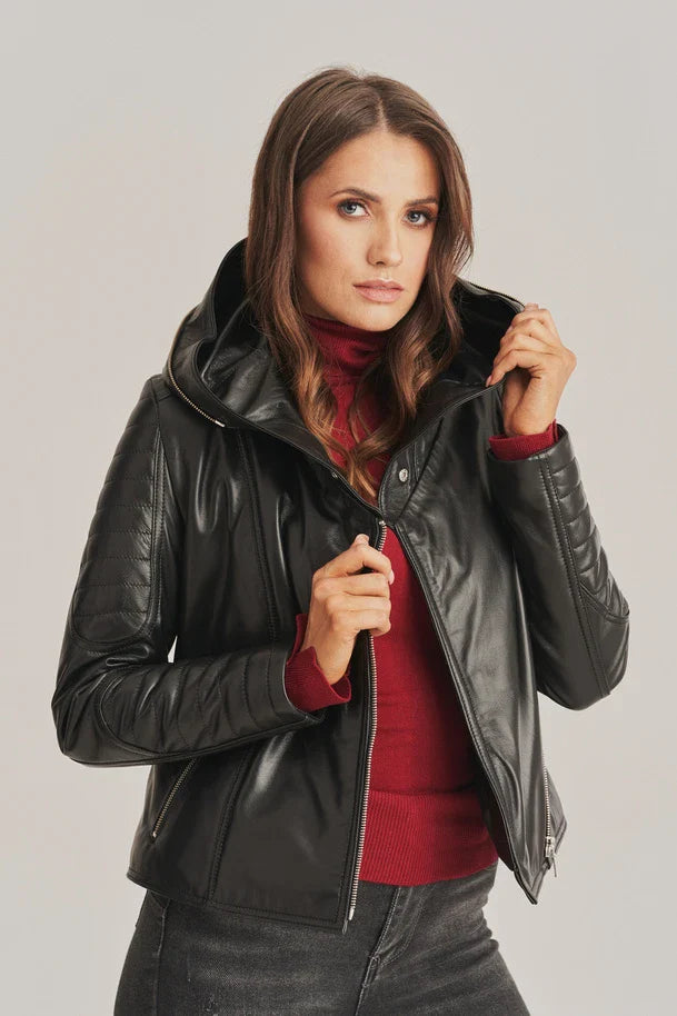 Cirelle - Women's Sheepskin Leather Jacket with Shearling Hooded