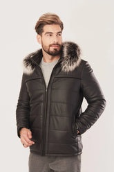 Dravenor - Men’s Black Leather Jacket with Hood and Fur Details