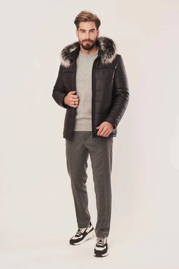 Dravenor - Men’s Black Leather Jacket with Hood and Fur Details