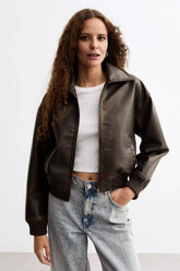 Elowen - Women's Brown Leather Bomber Jacket