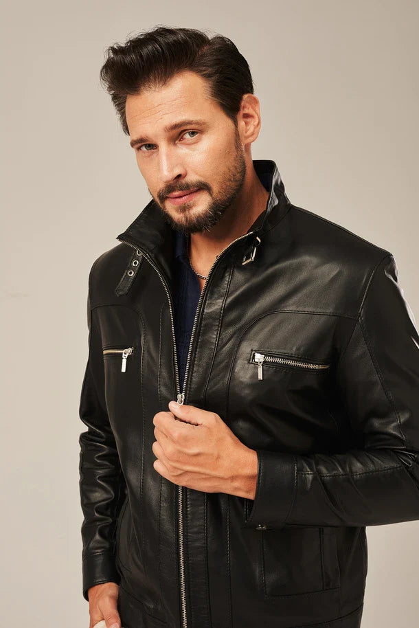Elvric - Men's Black Sheepskin Leather Moto Jacket