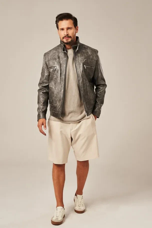 Jarex - Men’s Gray Leather Motorcycle Jacket
