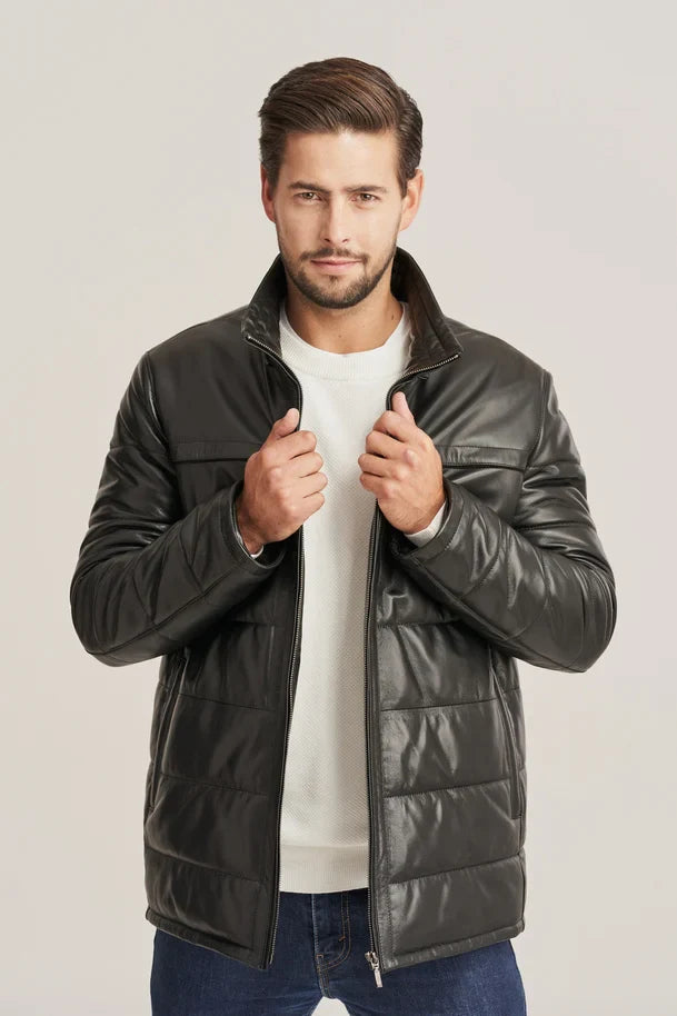 Jorik - Men's Puffer leather jacket with hood