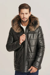 Jorik - Men's Puffer leather jacket with hood