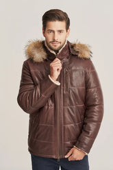 Loxen - Men’s Brown Shearling Leather Jacket with Fur Hood