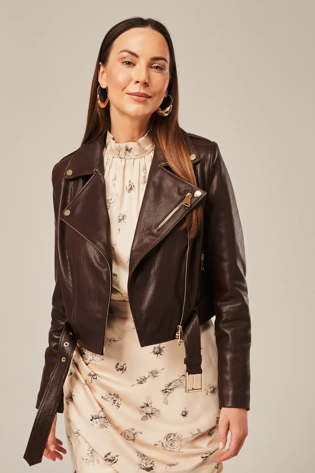 Nyra - Women's Sheepskin Leather Brown Biker Jacket