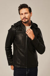 Rexton - Men's black Moto leather jacket with hood