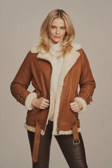 Selene - Women's Light Brown Aviator Shearling Leather Jacket