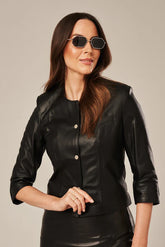 Solvyn - Women's Black Short Sleeves Cropped Leather Jacket