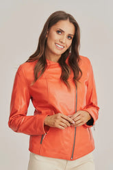 Soreya - Women's Sheepskin Collarless Orange Leather Jacket