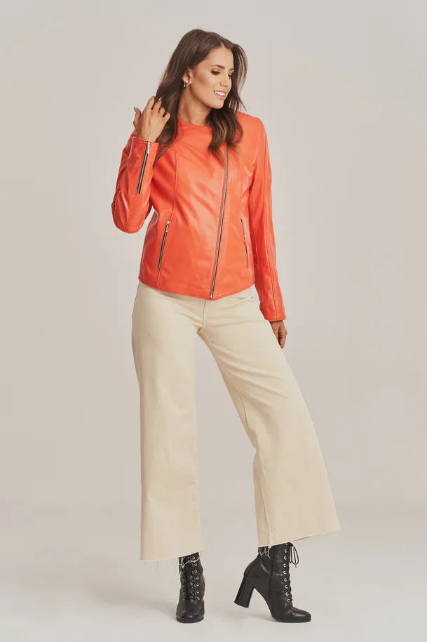 Soreya - Women's Sheepskin Collarless Orange Leather Jacket