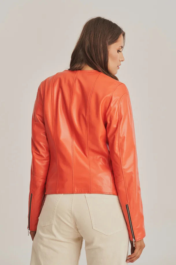 Soreya - Women's Sheepskin Collarless Orange Leather Jacket