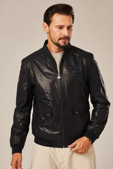 Torin - Men's Dark Blue Leather Bomber Jacket