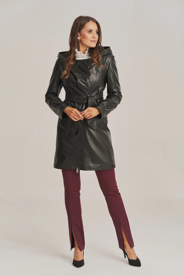 Velisse - Women’s Hooded Sheepskin Black Leather Coat with Belt