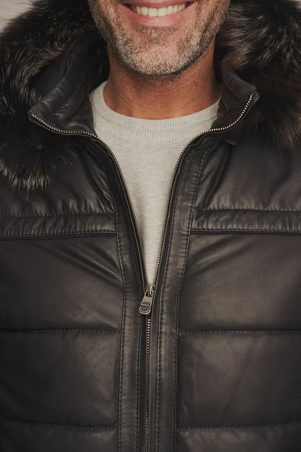 Zayrik - Men's Black Puffer Leather Jacket with Hood