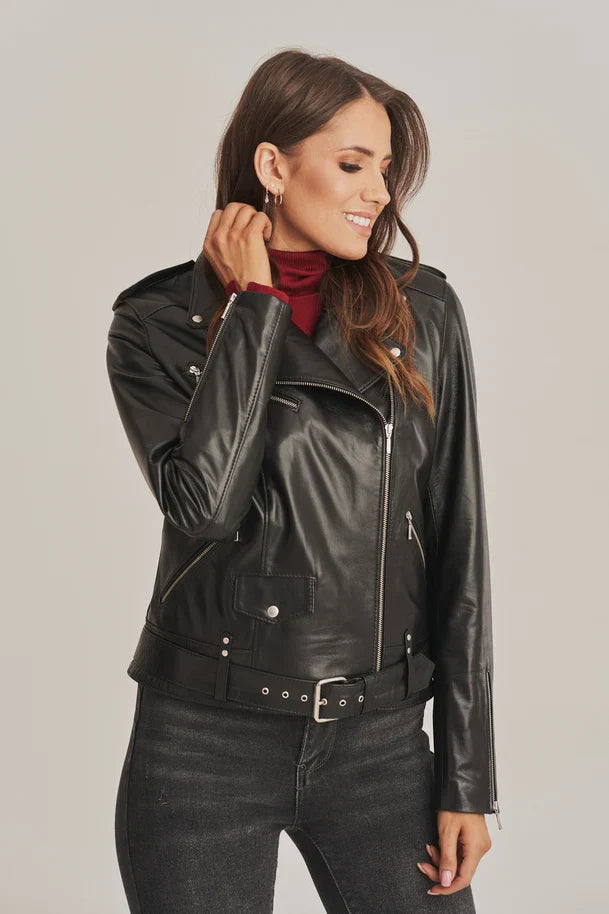 Zenyra - Women's Black Biker Sheepskin Leather Jacket