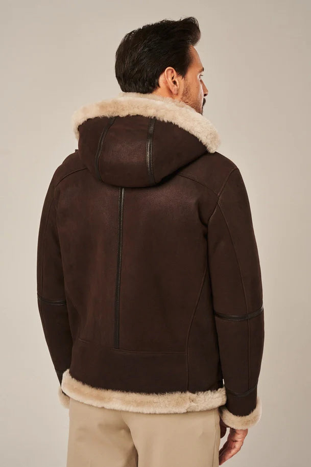 Alden - Men's Brown Leather Shearling Jacket with Hood