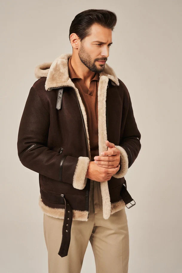 Alden - Men's Brown Leather Shearling Jacket with Hood
