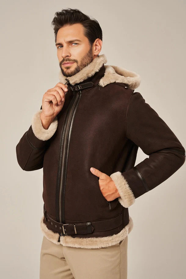 Alden - Men's Brown Leather Shearling Jacket with Hood