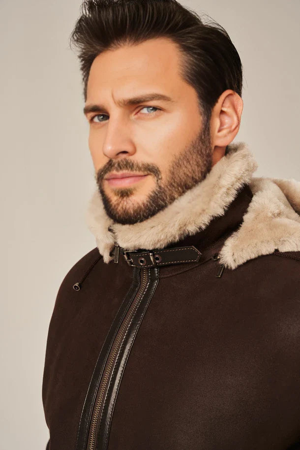 Alden - Men's Brown Leather Shearling Jacket with Hood
