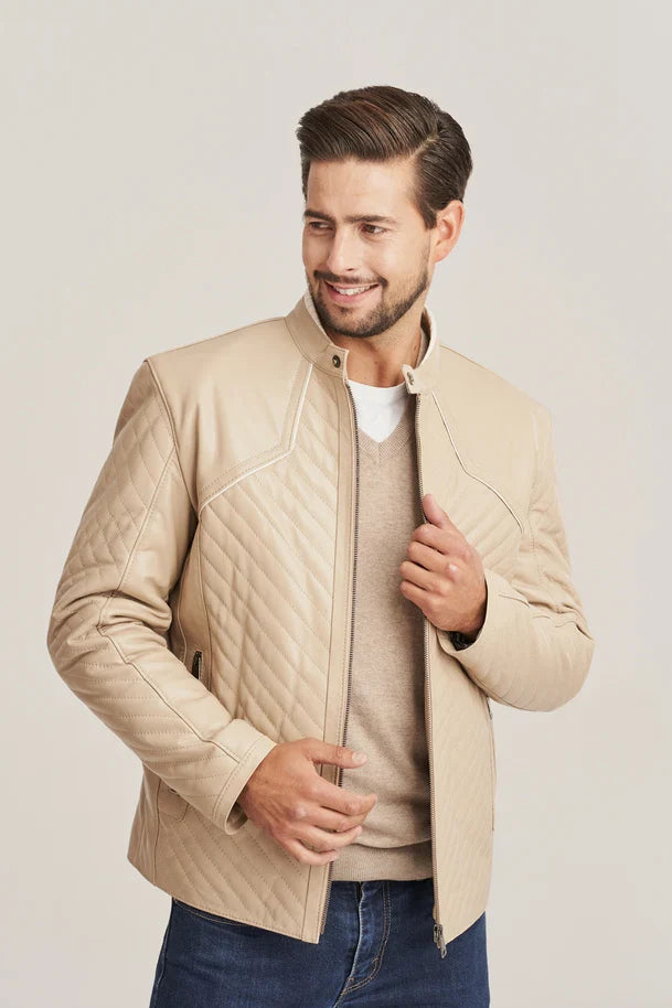 Aldric - Men's Beige Sheepskin Quilted Leather Jacket