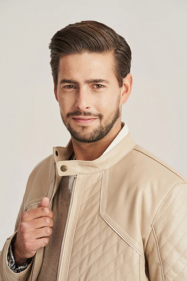 Aldric - Men's Beige Sheepskin Quilted Leather Jacket