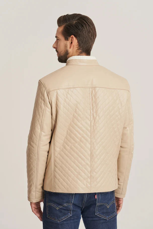 Aldric - Men's Beige Sheepskin Quilted Leather Jacket