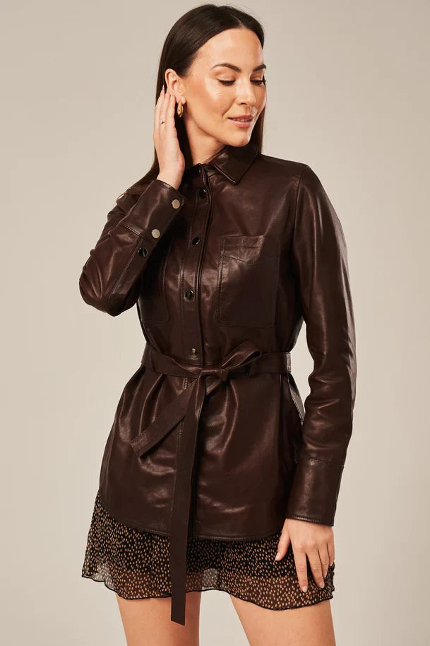 Ariselle - Women's Shirt Style Long Dark Brown Leather Jacket