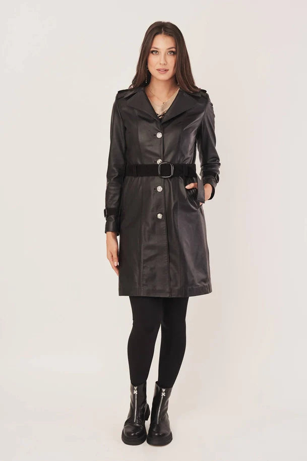 Auriella - Women’s Black Sheepskin Leather Coat with Adjustable Waist Belt