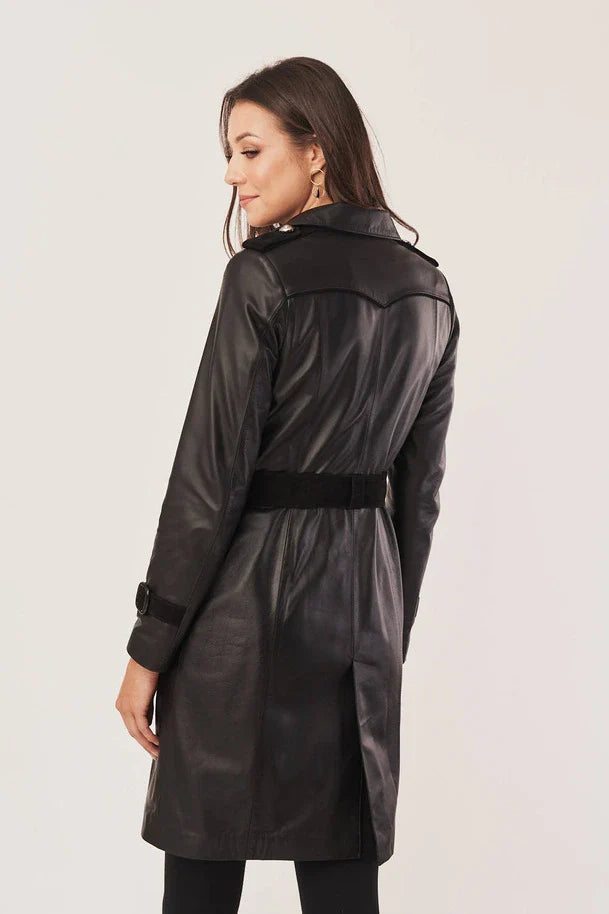 Auriella - Women’s Black Sheepskin Leather Coat with Adjustable Waist Belt