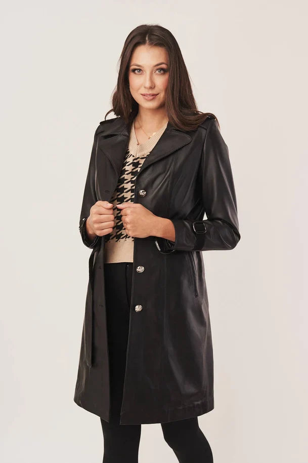 Auriella - Women’s Black Sheepskin Leather Coat with Adjustable Waist Belt