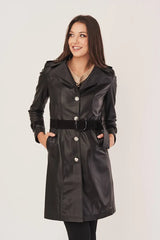 Auriella - Women’s Black Sheepskin Leather Coat with Adjustable Waist Belt