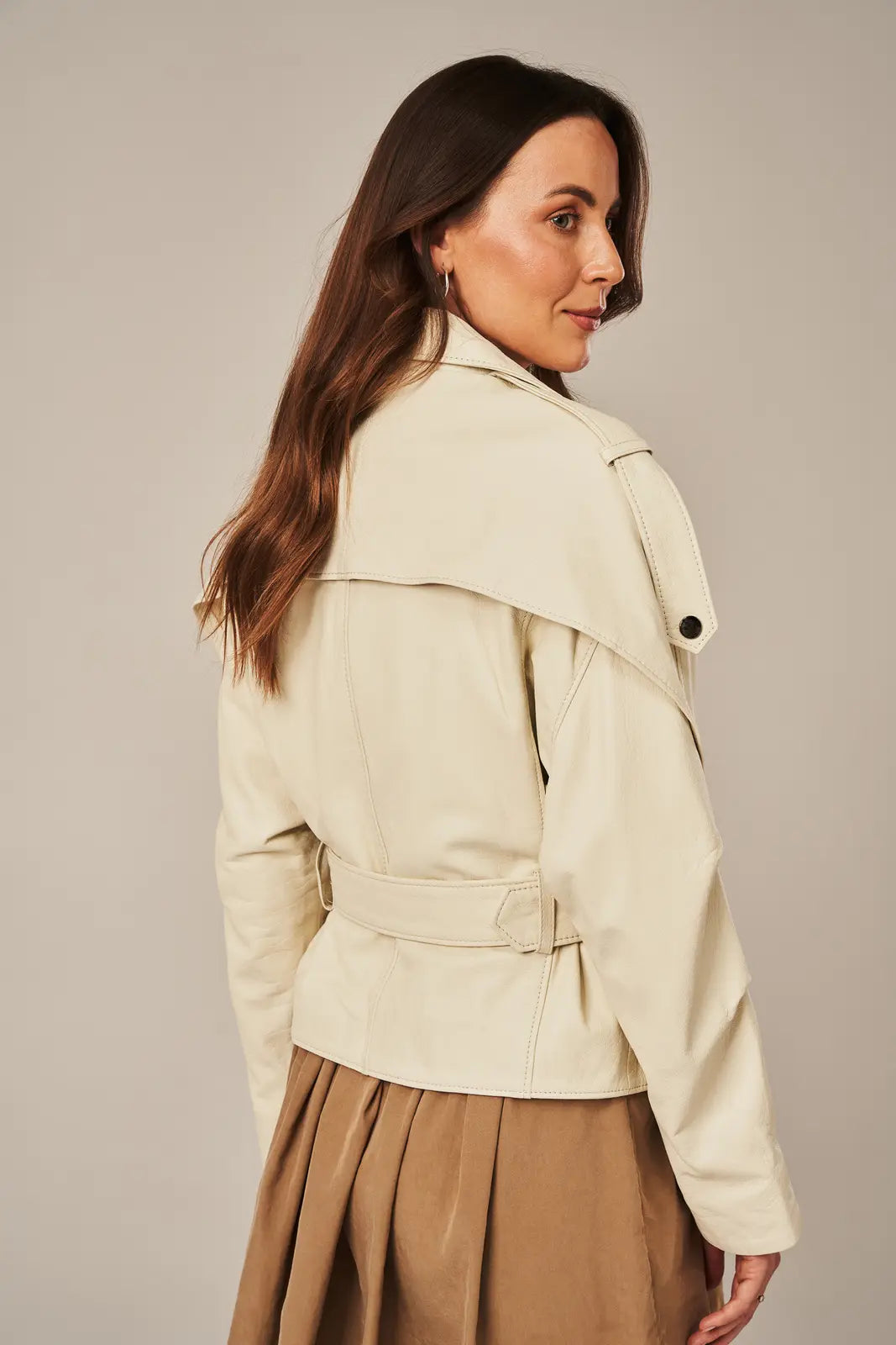 Aveline - Women's Beige Leather Biker Jacket