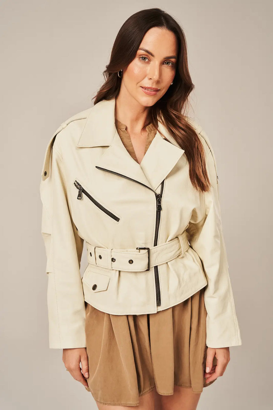Women's Beige Leather Biker Jacket