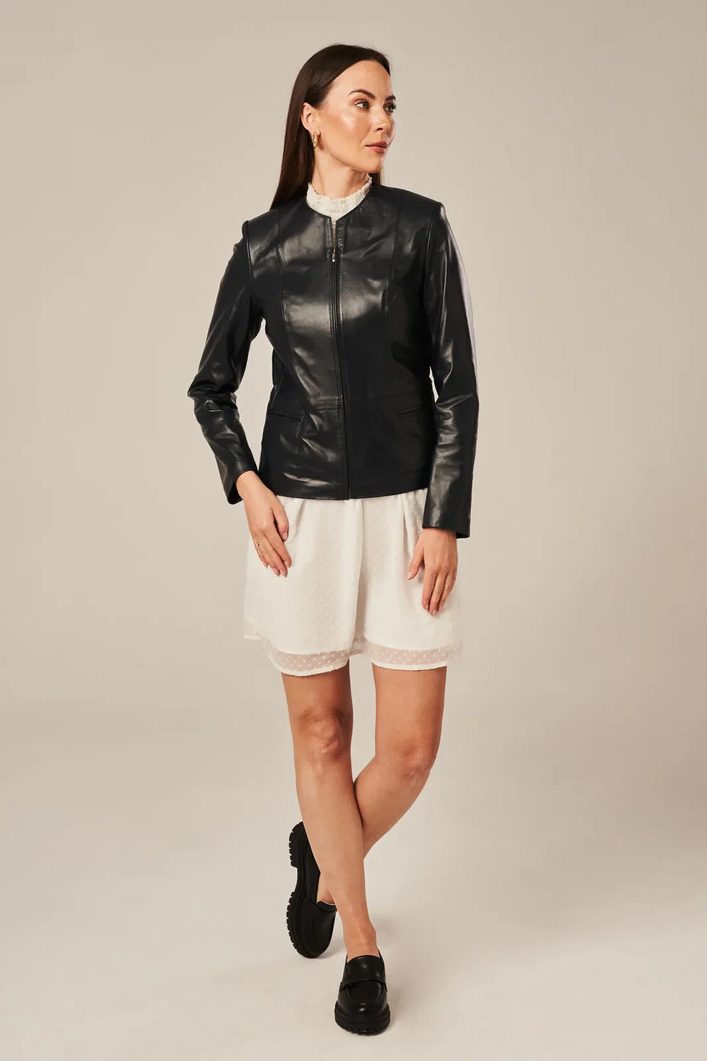 Avelisse - Women's Sheepskin Collarless Black Leather Jacket