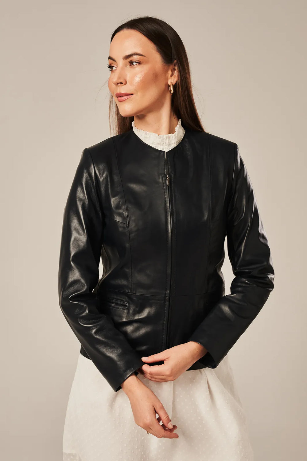 Avelisse - Women's Sheepskin Collarless Black Leather Jacket