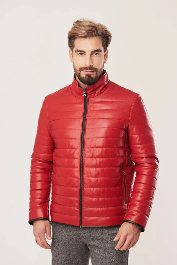 Blaine - Men's Red Leather Puffer Jacket