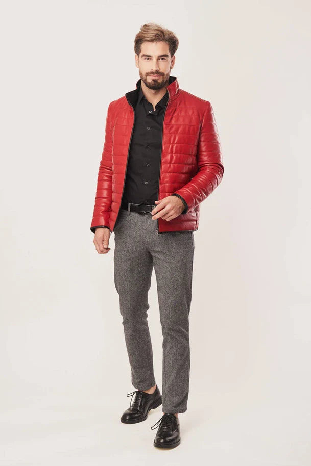 Blaine - Men's Red Leather Puffer Jacket