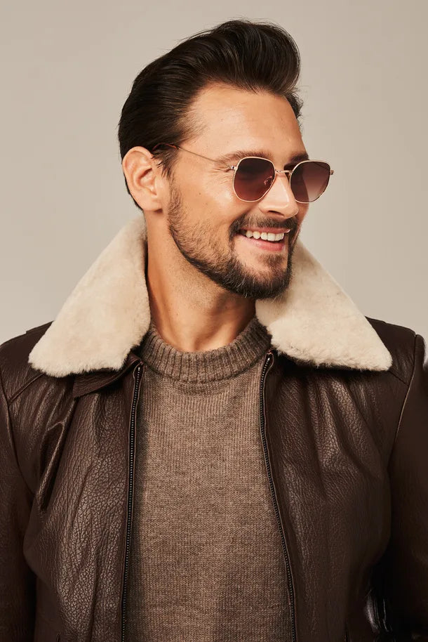 Cayden - Men's Brown Bomber Style Flight Leather Jacket